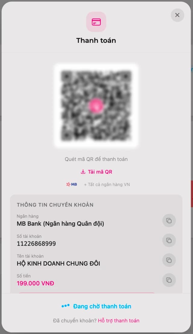 Bước thanh toán trực tuyến qua cổng SePay trên website chungdoi.com: mã QR, thông tin chuyển khoản và trạng thái đang chờ thanh toán