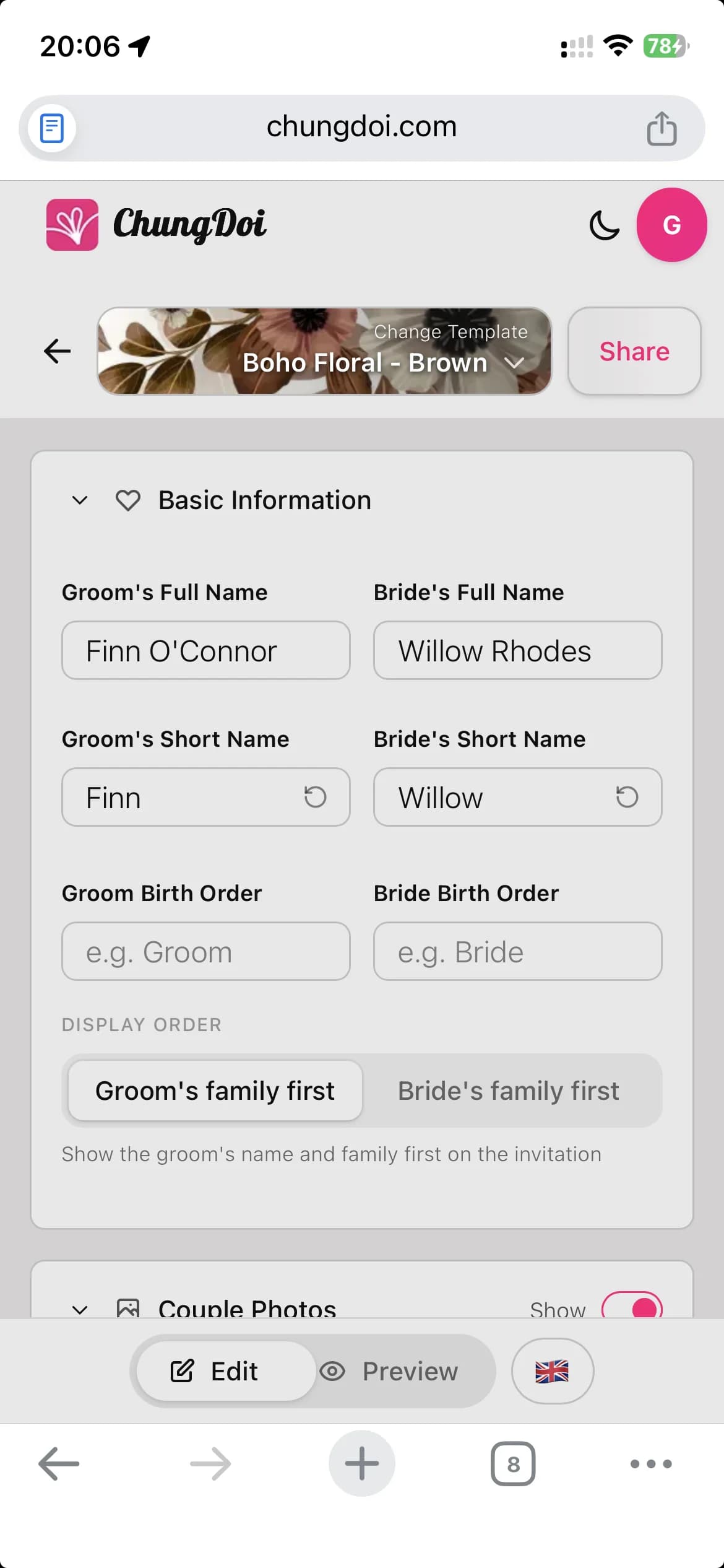 Online wedding invitation editor interface