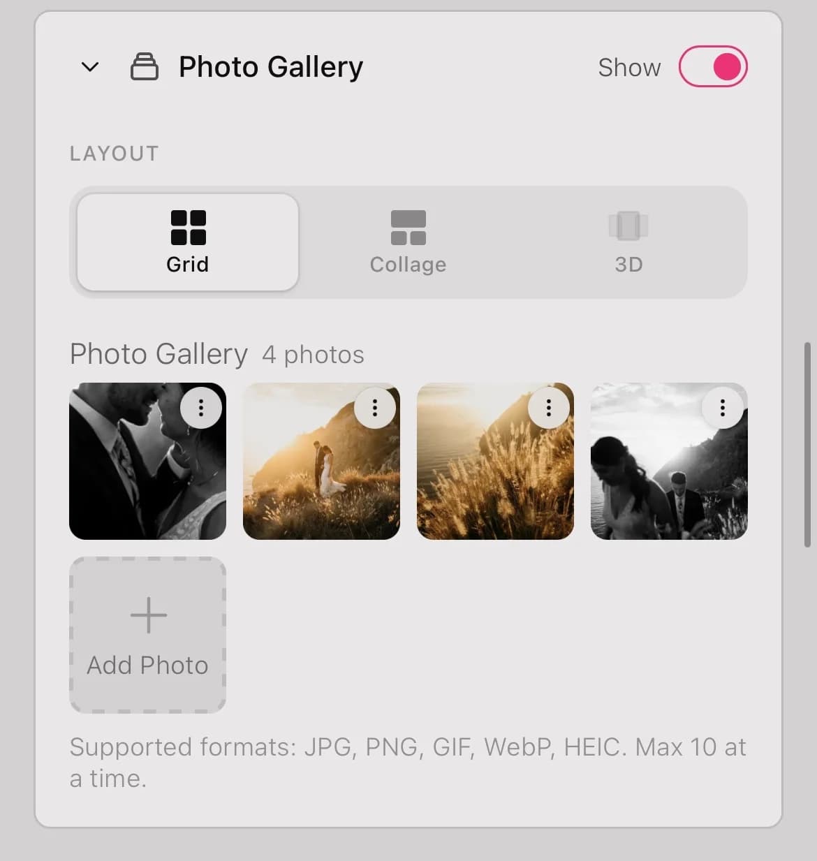 Customize wedding invitation content: photos, music, map