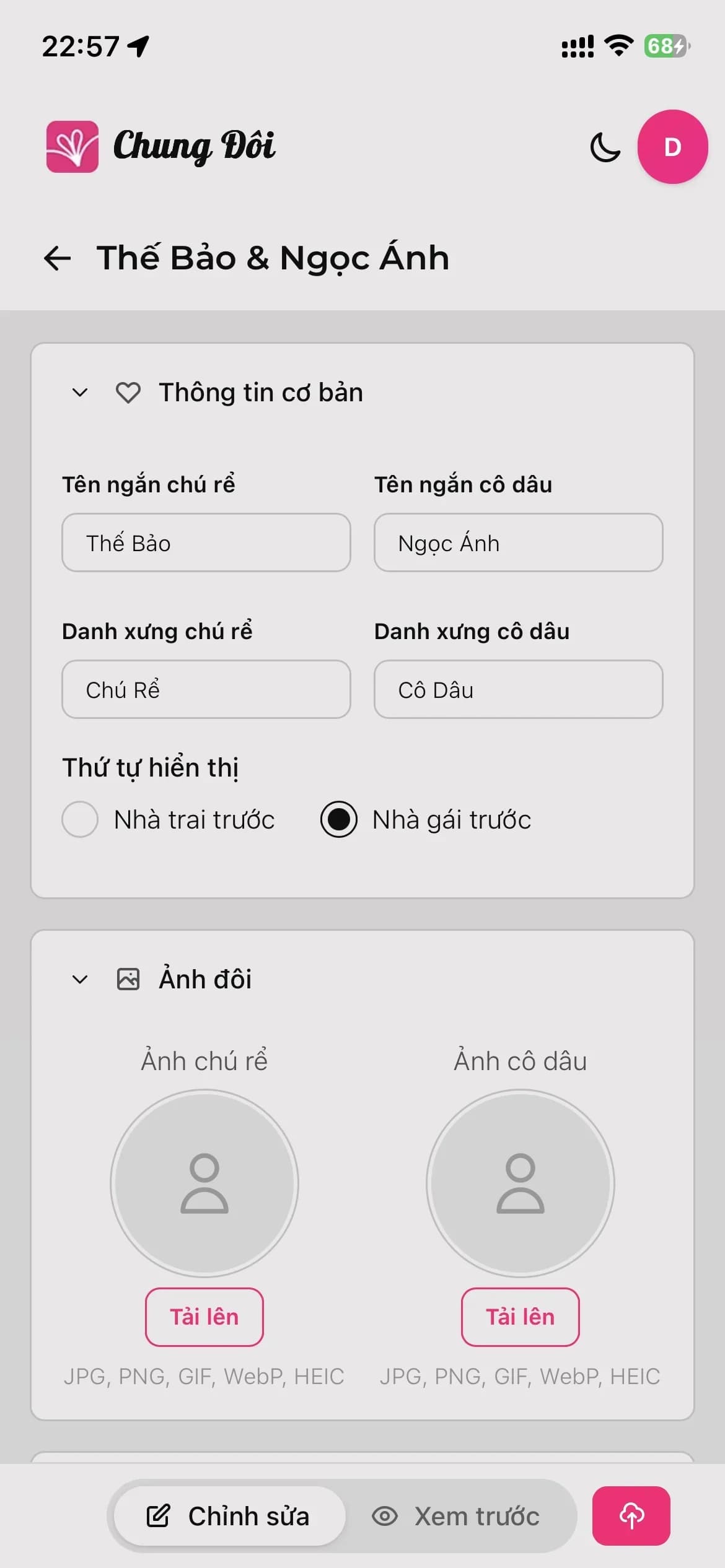 Giao diện chỉnh sửa thiệp cưới online
