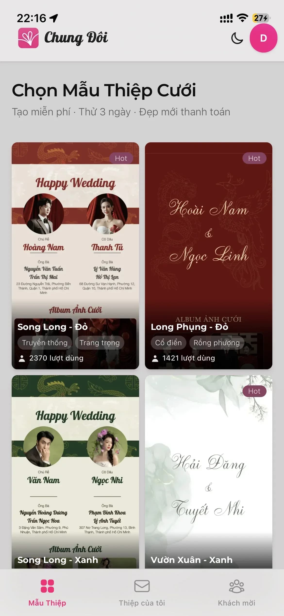 Danh sách mẫu thiệp cưới online trên Chung Đôi