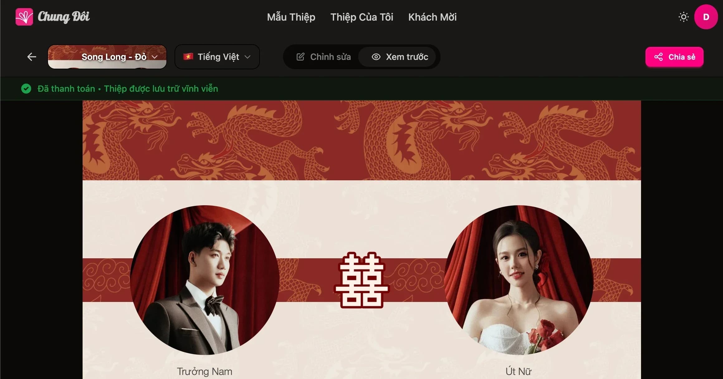 Xem trước và chia sẻ thiệp cưới online
