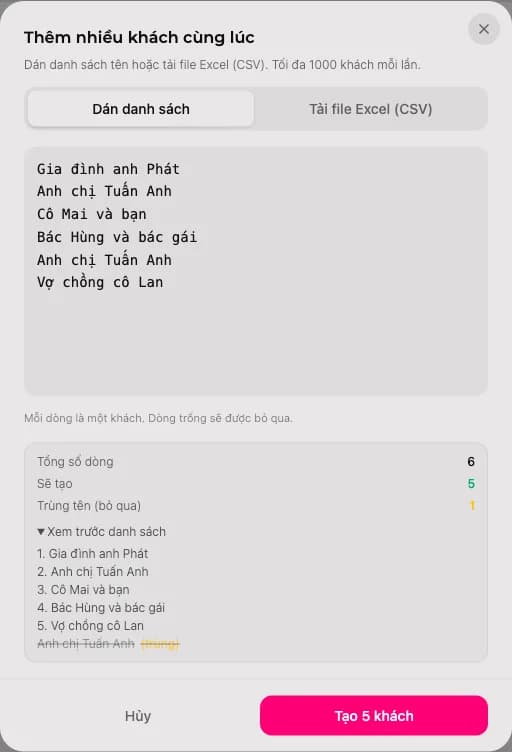 Khung xem trước hiển thị 6 dòng đã dán, 5 sẽ tạo và 1 tên trùng bị gạch ngang kèm nhãn "trùng"