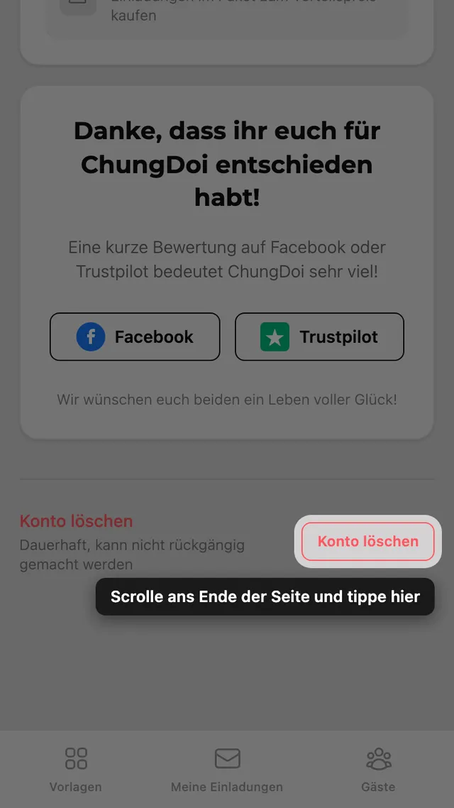 Die Schaltfläche zum Löschen des Kontos, unten auf der Kontoseite