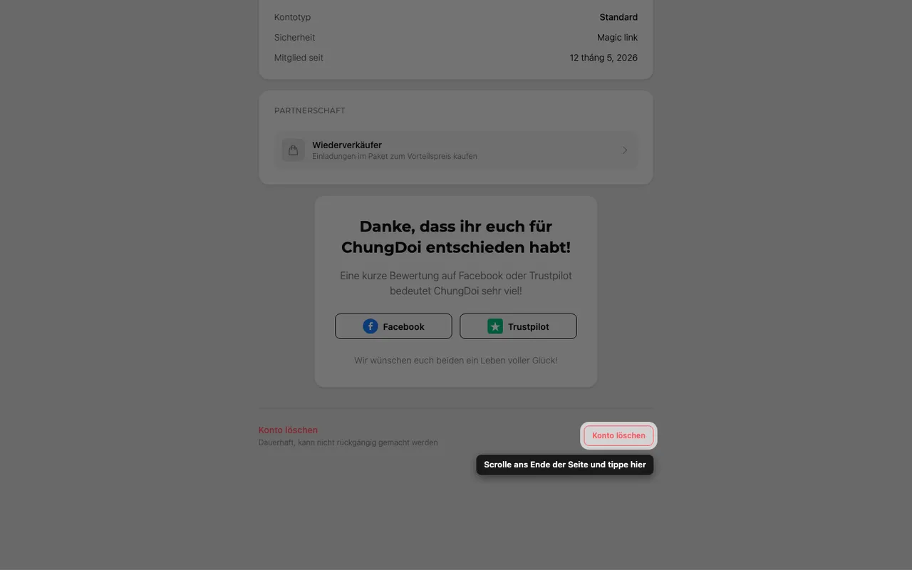 Die Schaltfläche zum Löschen des Kontos, unten auf der Kontoseite