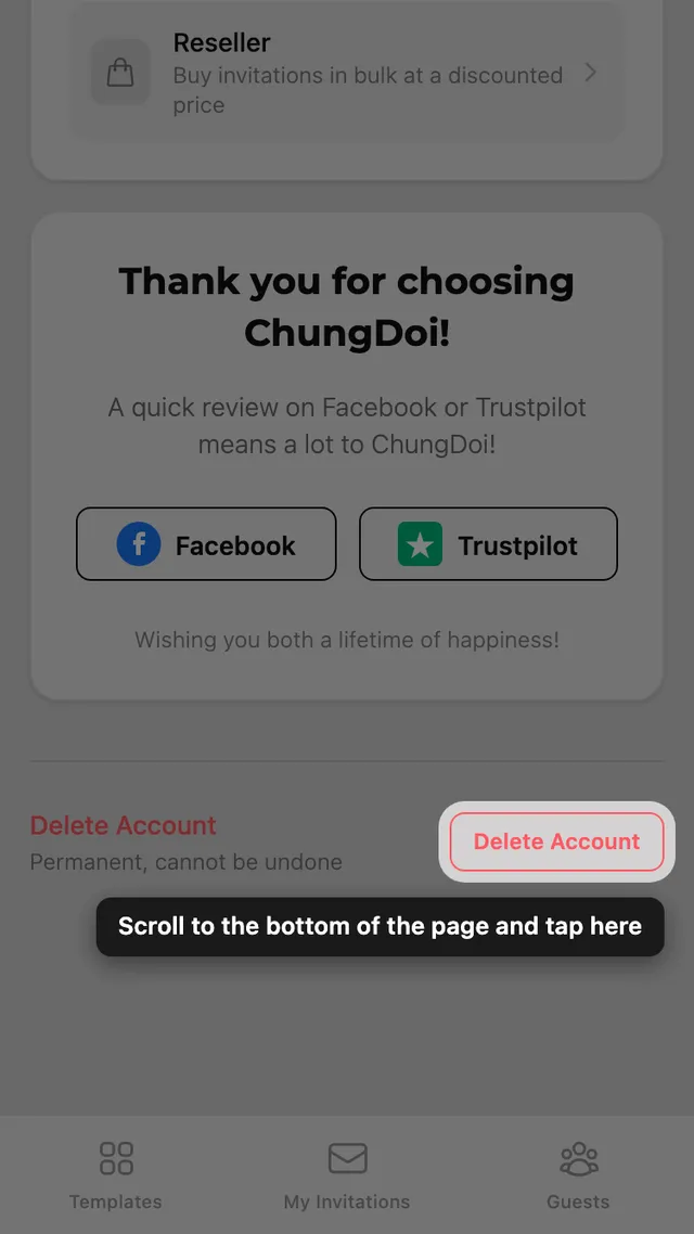 The Delete account button at the bottom of the Account page
