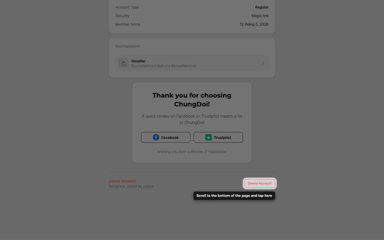 The Delete account button at the bottom of the Account page