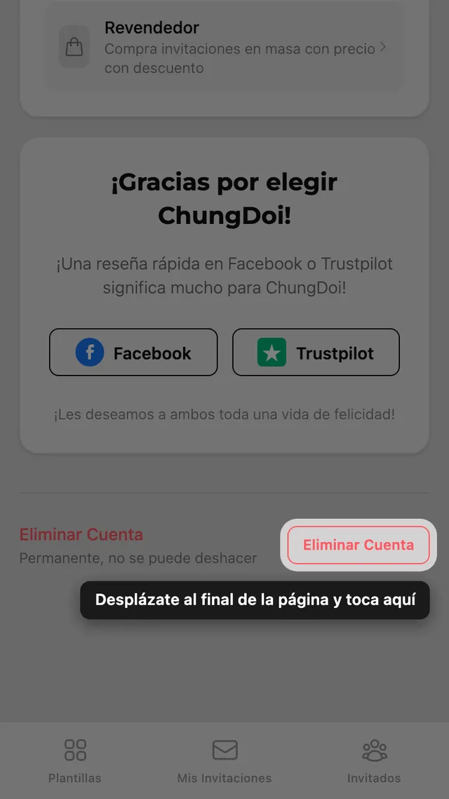 El botón de eliminar cuenta al final de la página Cuenta