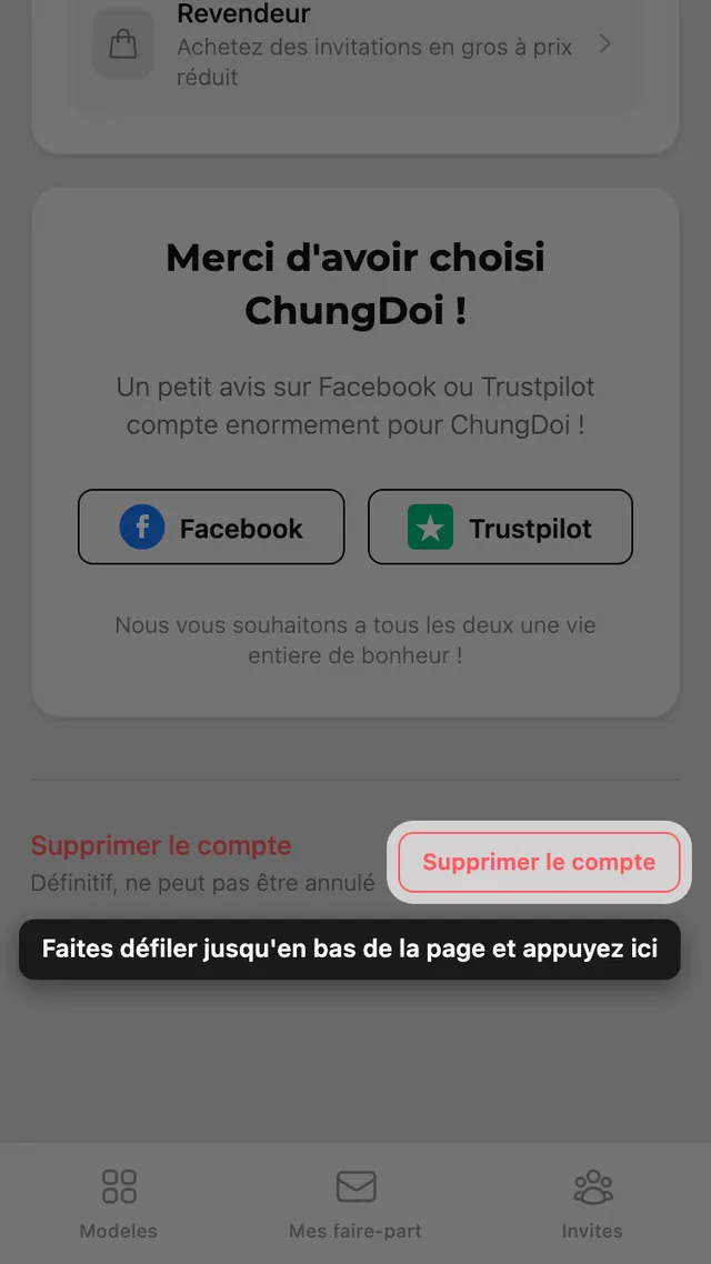 Le bouton de suppression du compte, en bas de la page Compte