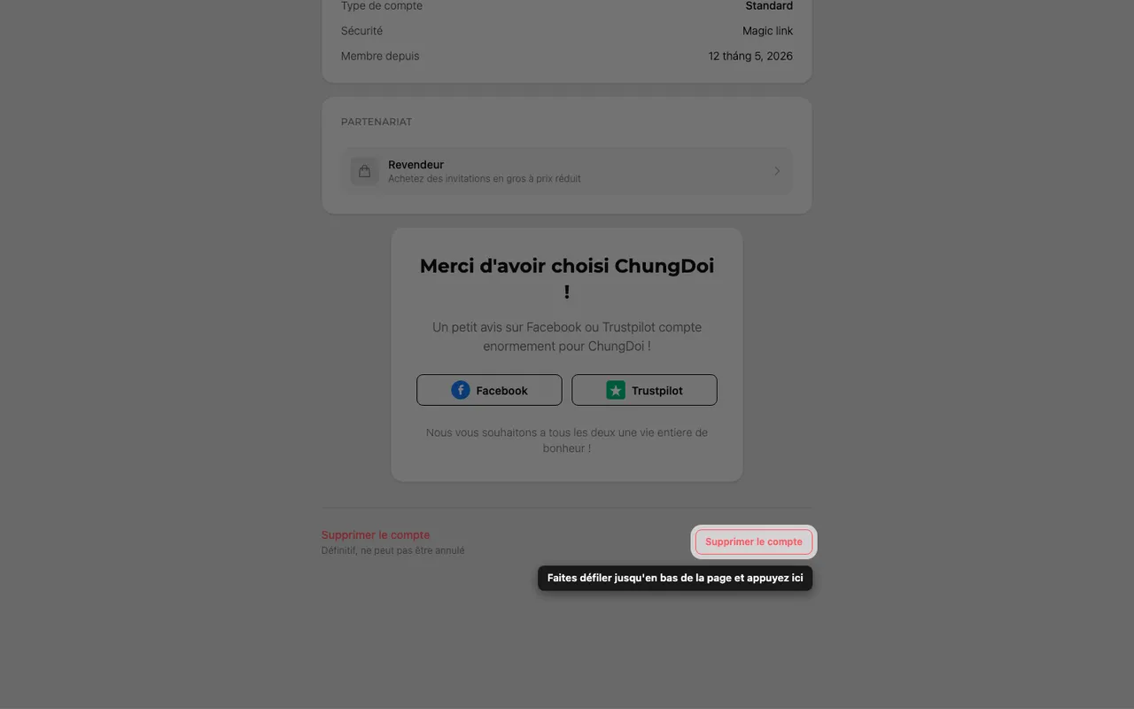 Le bouton de suppression du compte, en bas de la page Compte