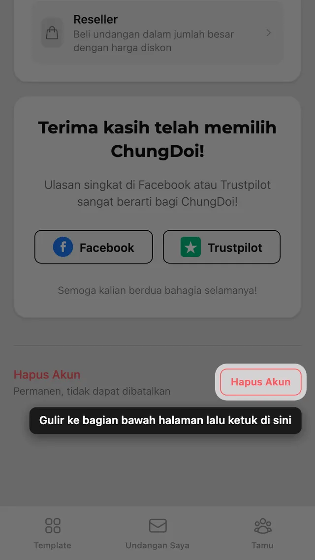 Tombol hapus akun di bagian bawah halaman Akun