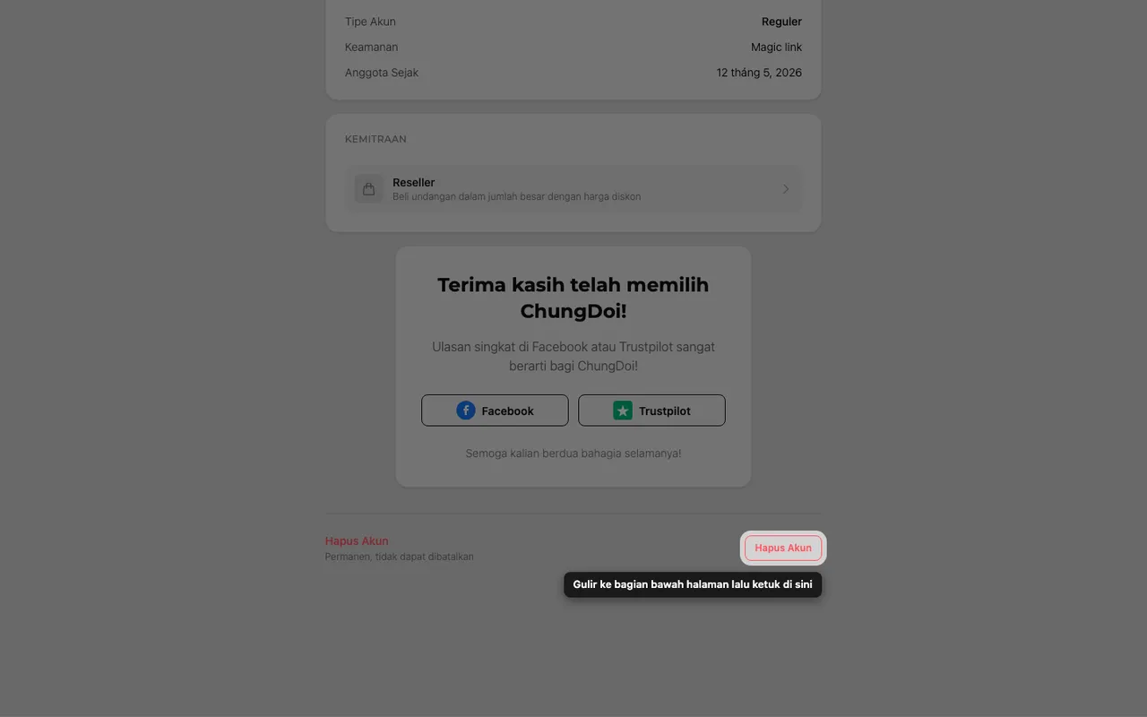 Tombol hapus akun di bagian bawah halaman Akun