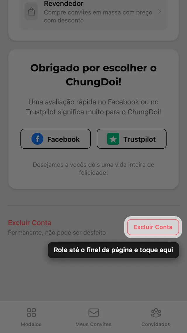 O botão de excluir conta no fim da página Conta