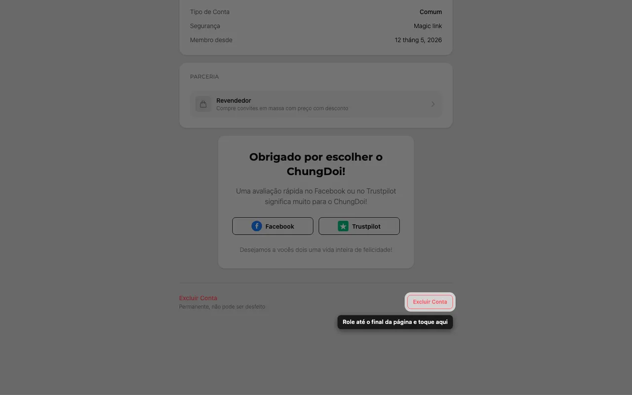 O botão de excluir conta no fim da página Conta