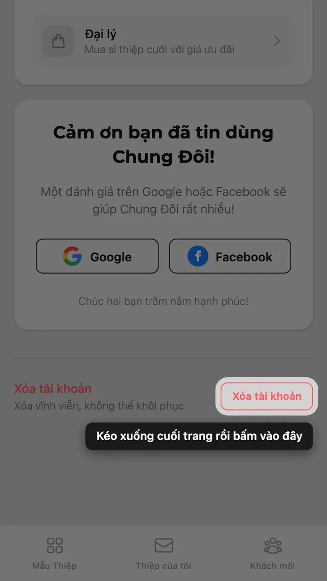 Nút Xóa tài khoản ở cuối trang Tài khoản