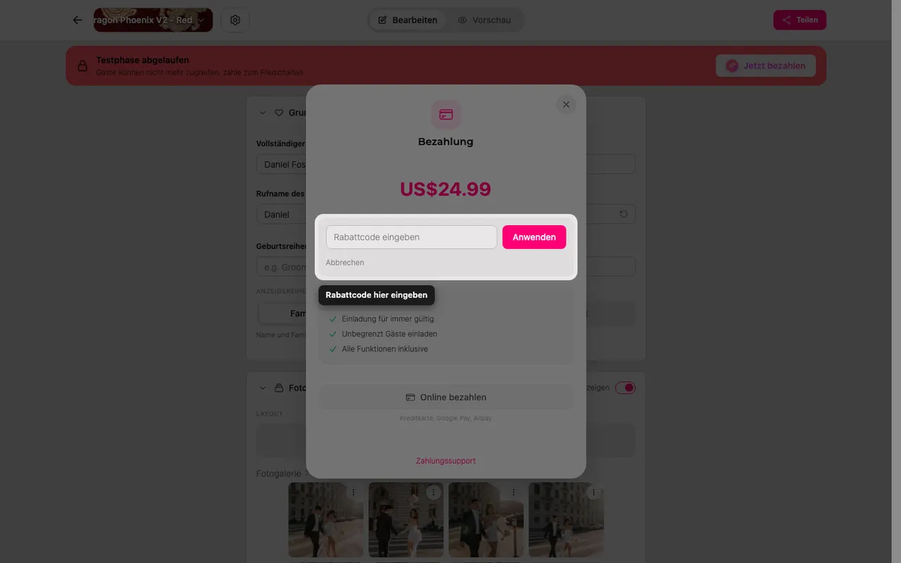 Das Feld für den Rabattcode im Zahlungsfenster