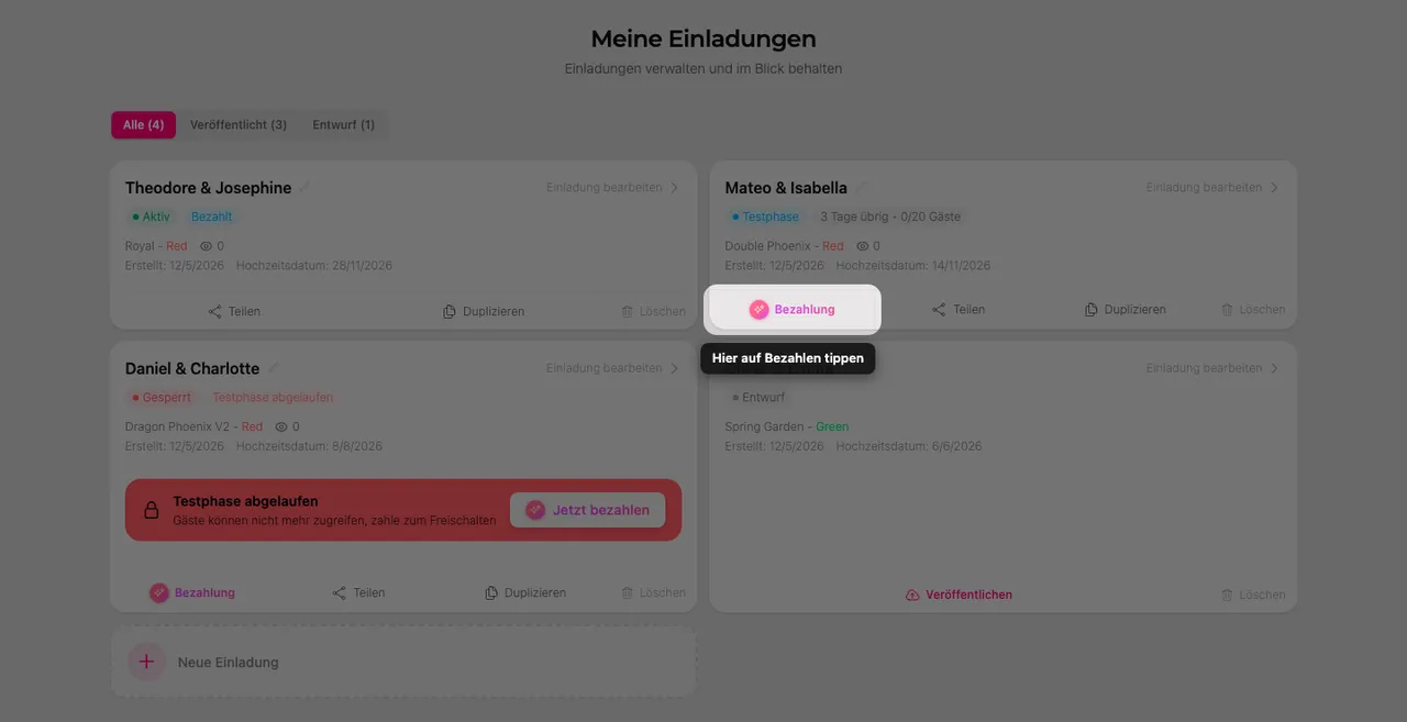 Die Bezahlen-Schaltfläche auf einer Einladungskarte der Seite Meine Einladungen