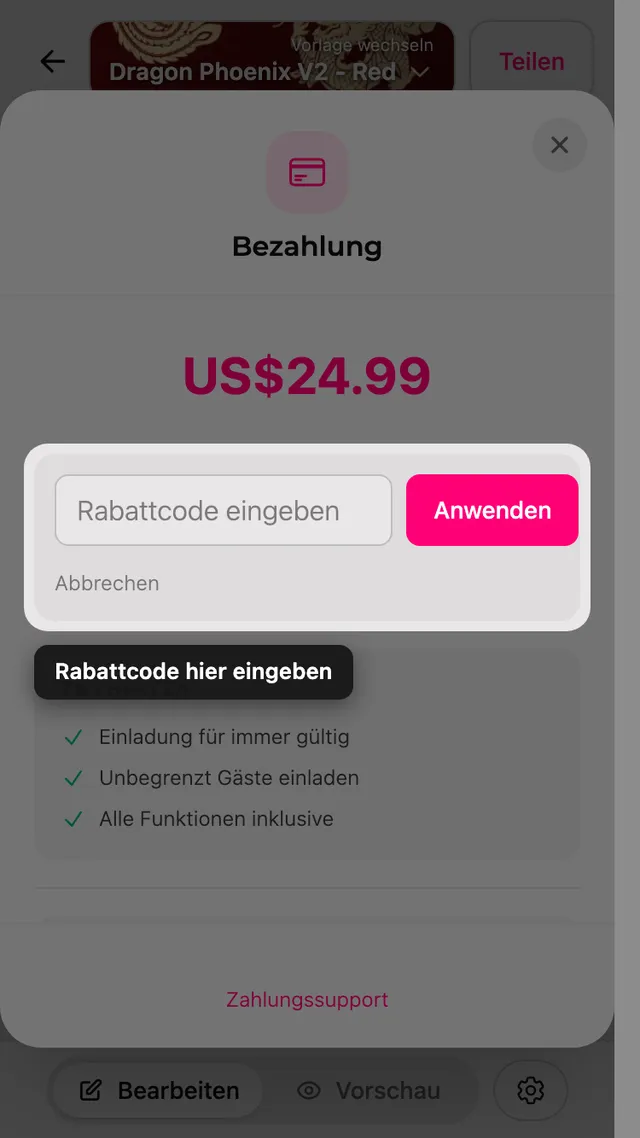 Das Feld für den Rabattcode im Zahlungsfenster
