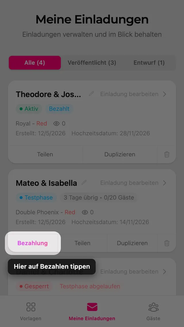 Die Bezahlen-Schaltfläche auf einer Einladungskarte der Seite Meine Einladungen