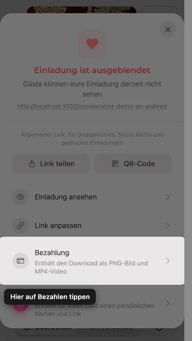 Die Zahlungsoption im Teilen-Fenster