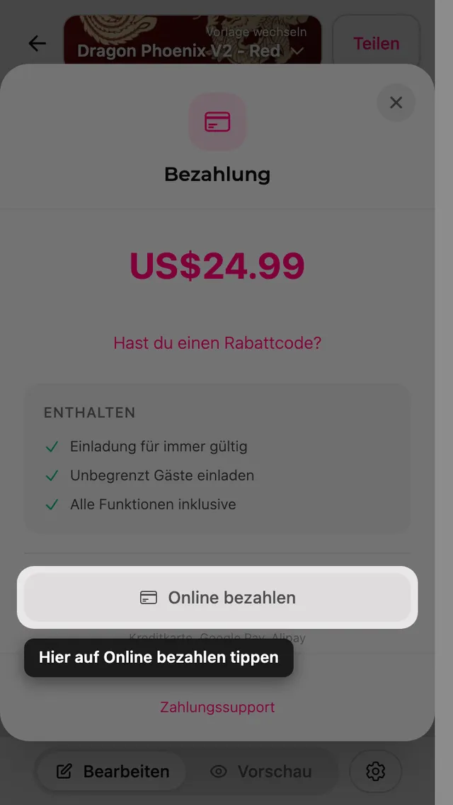 Die Online-Bezahlen-Schaltfläche im Zahlungsfenster
