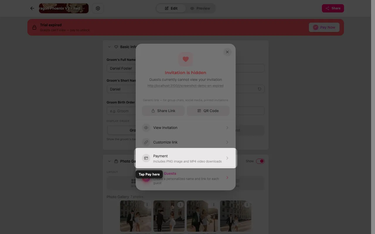 The payment option in the Share panel