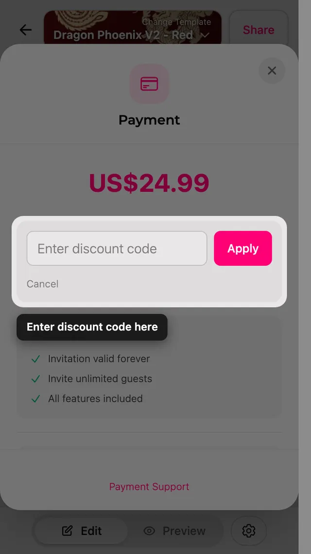The discount code field on the payment screen