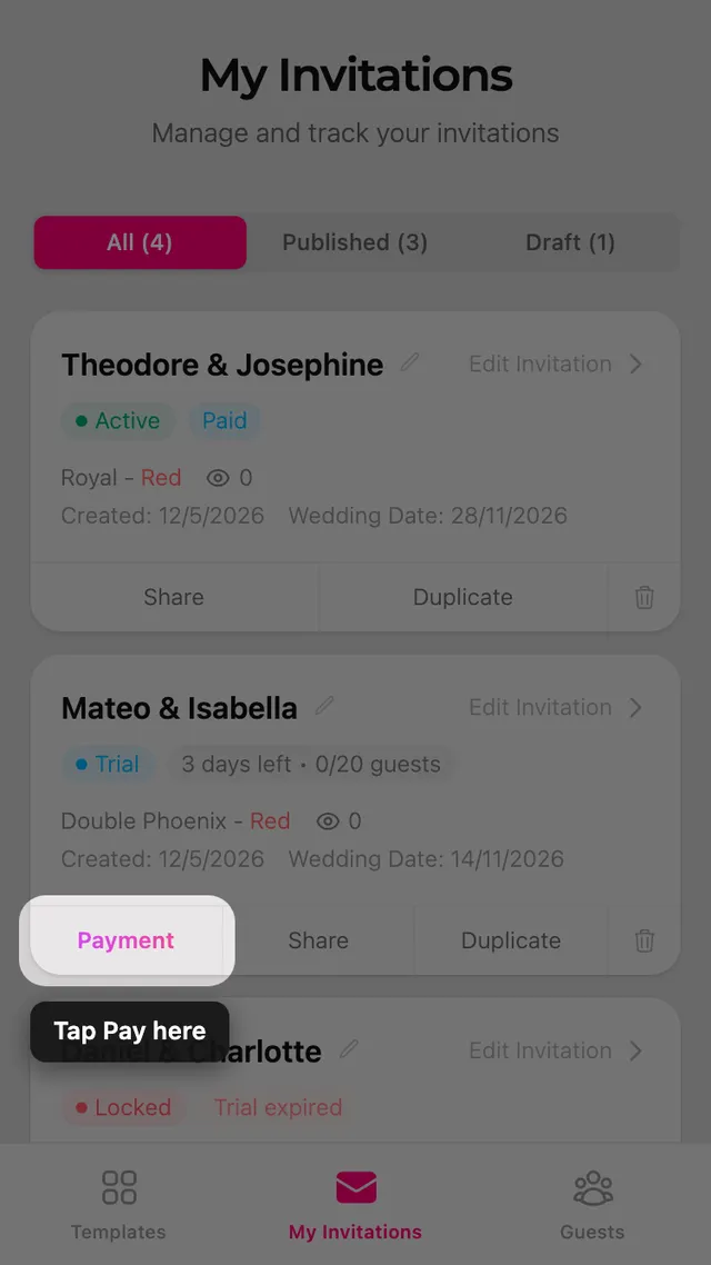 The Pay button on an invitation card on the My Invitations page