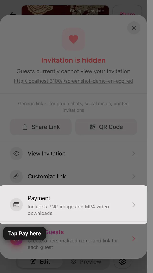 The payment option in the Share panel