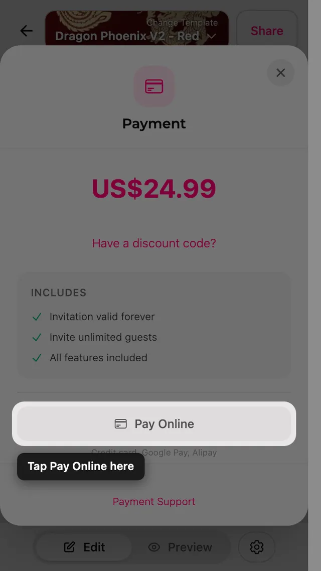 The pay online button on the payment screen