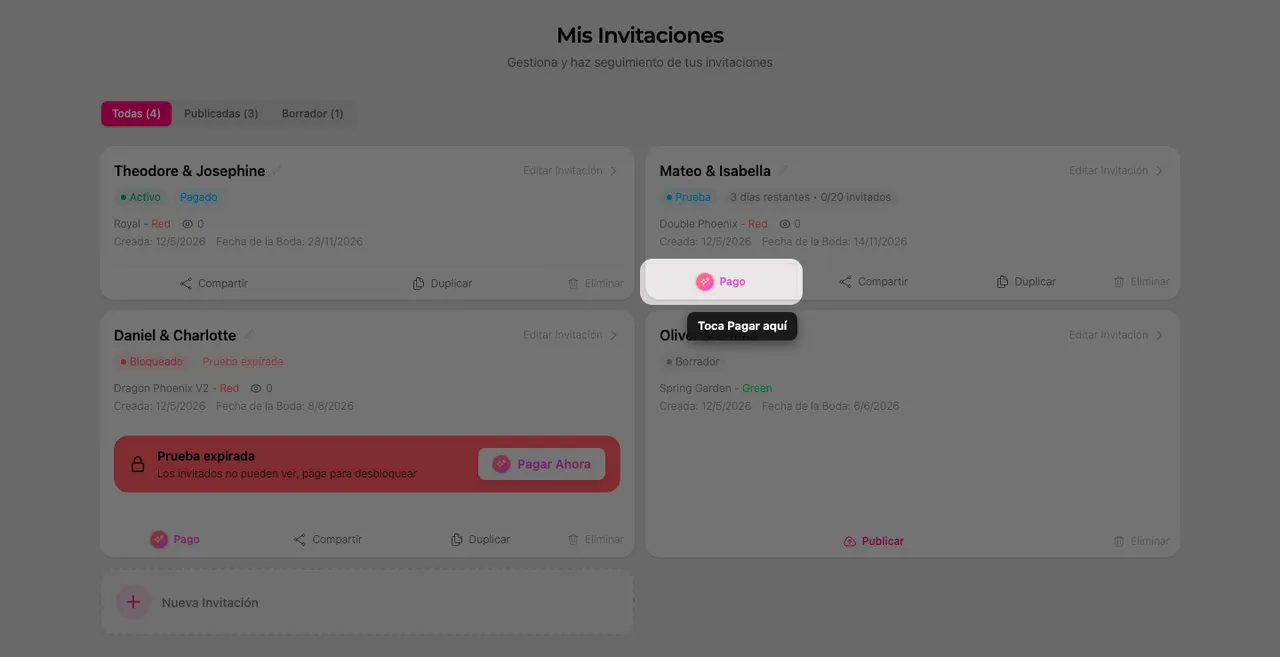 El botón Pagar en una tarjeta de invitación de la página Mis invitaciones