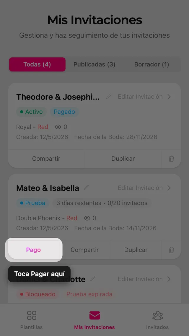 El botón Pagar en una tarjeta de invitación de la página Mis invitaciones