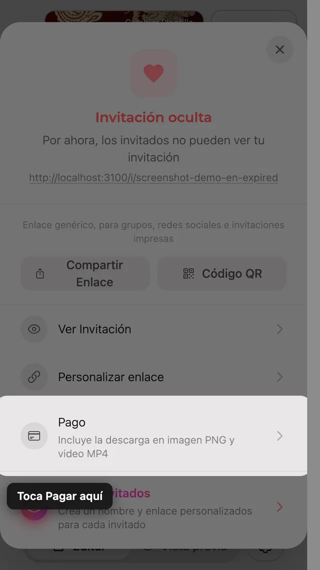 La opción de pago en el panel Compartir