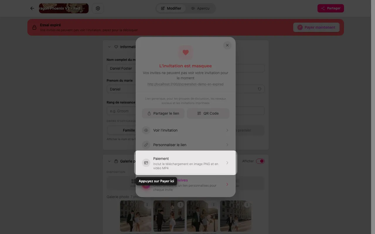 L'option de paiement dans le panneau Partager