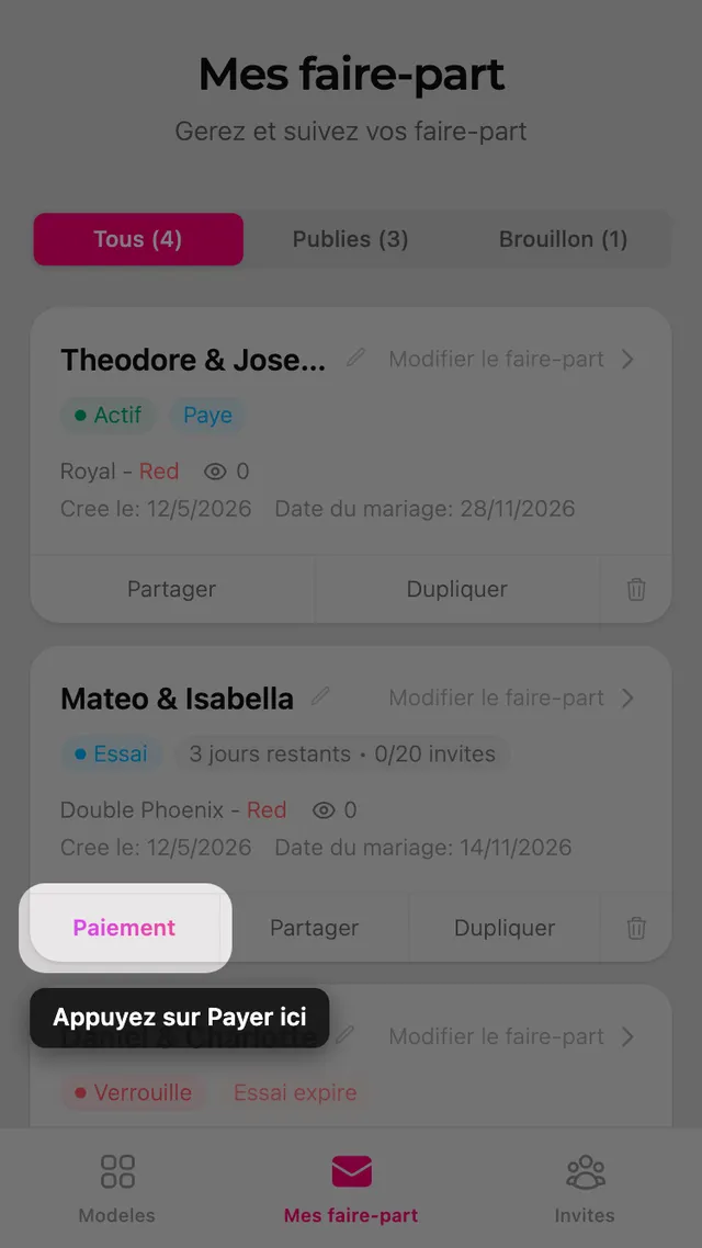 Le bouton Payer sur une carte de faire-part de la page Mes faire-part
