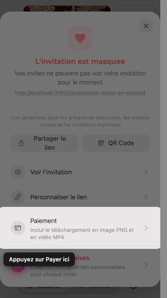 L'option de paiement dans le panneau Partager