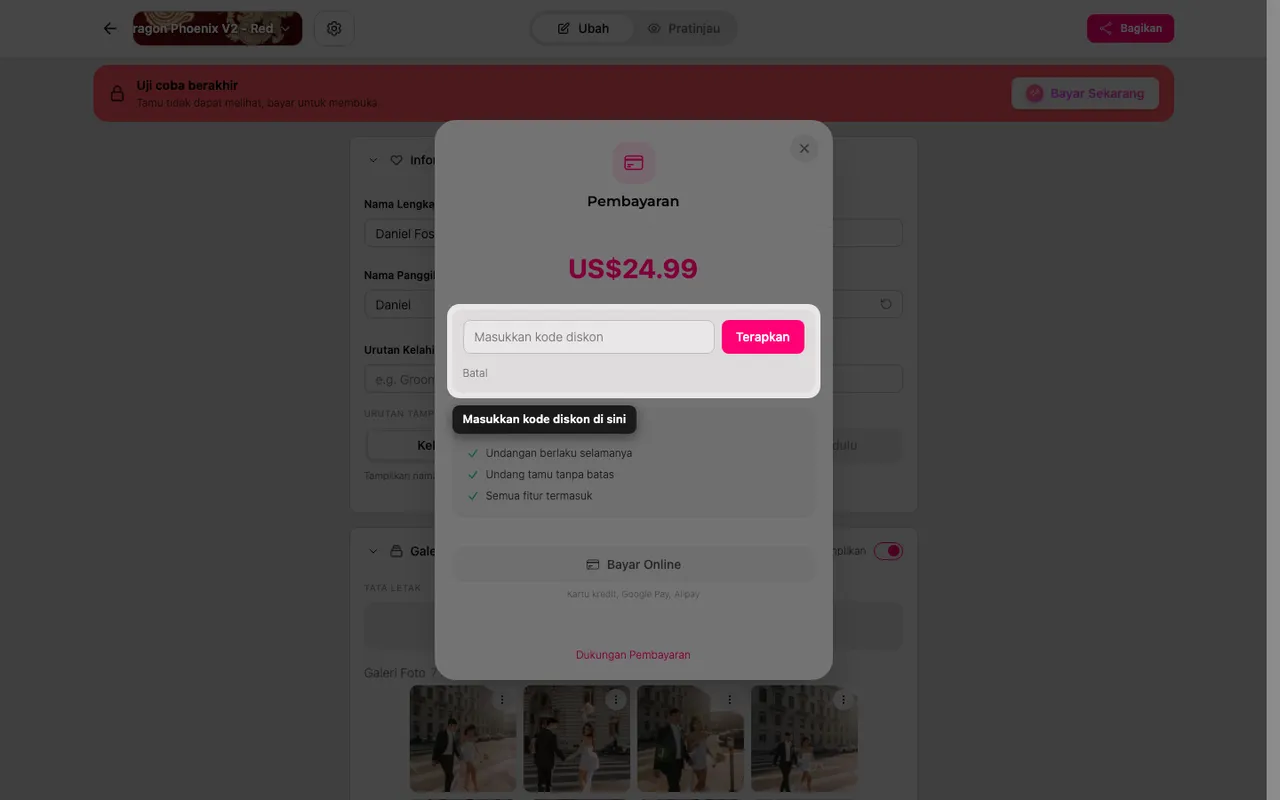Kolom kode diskon di layar pembayaran