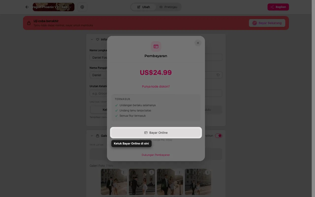 Tombol bayar online di layar pembayaran