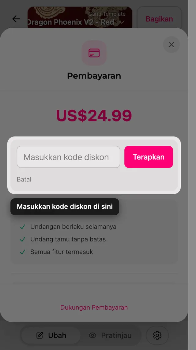 Kolom kode diskon di layar pembayaran
