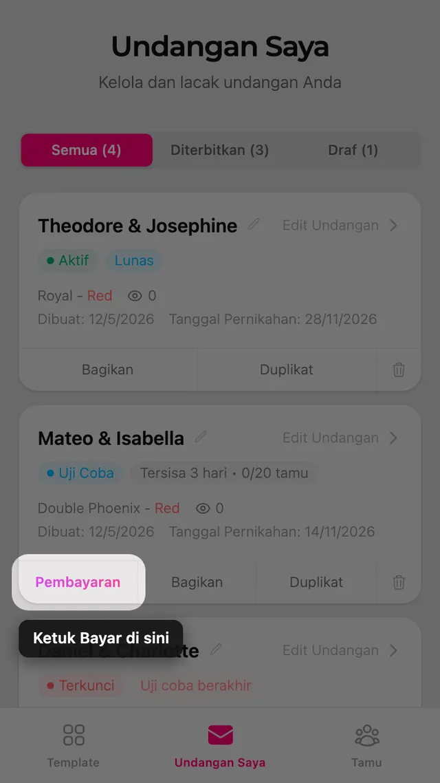 Tombol Bayar pada kartu undangan di halaman Undangan Saya
