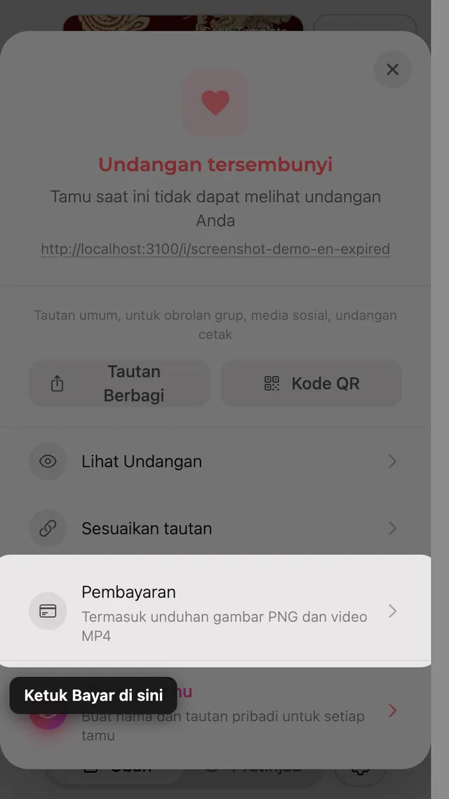 Opsi pembayaran di panel Bagikan