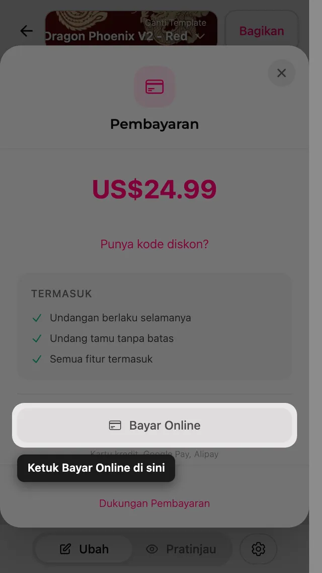 Tombol bayar online di layar pembayaran