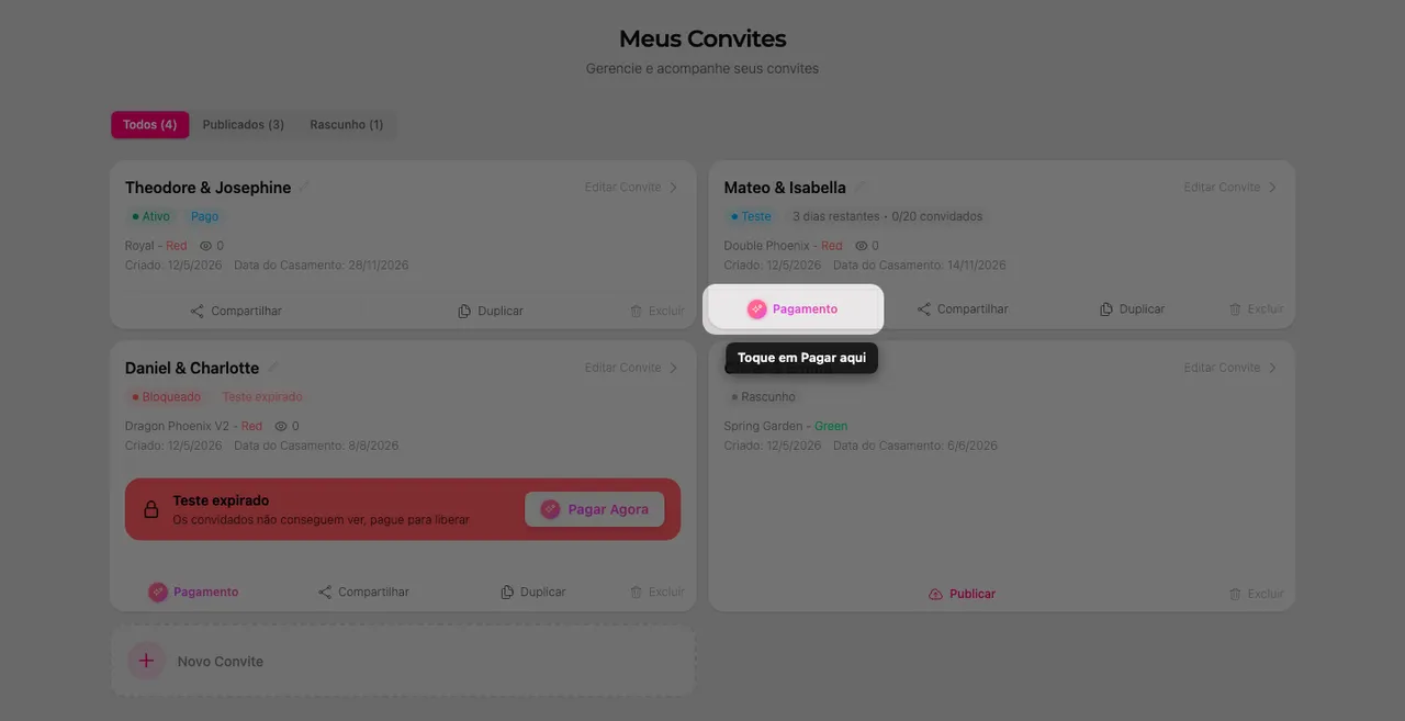 Um cartão de convite na página Meus convites