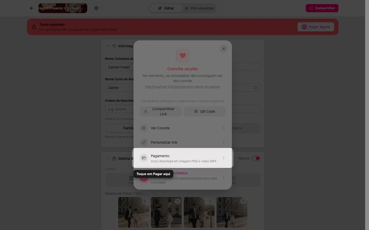 A opção de pagamento no painel Compartilhar