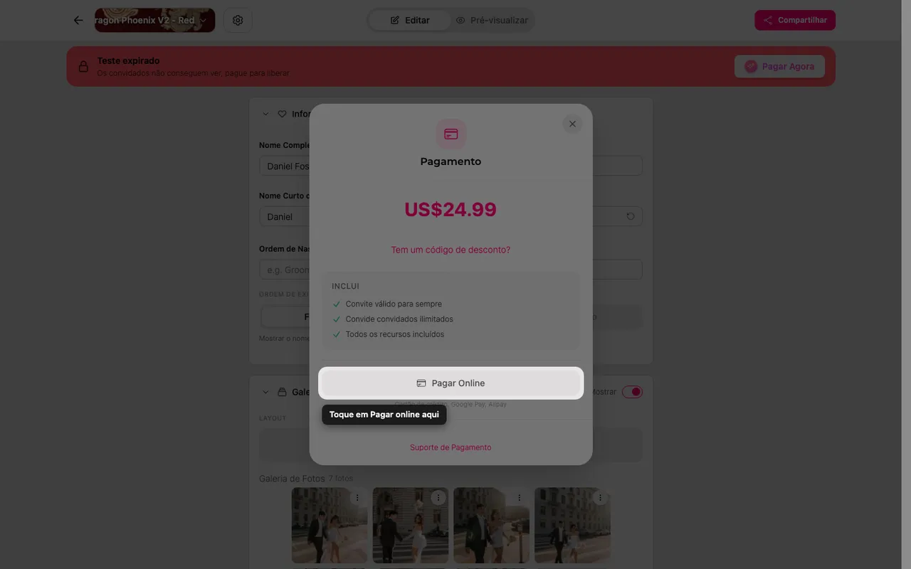 O botão de pagar online na tela de pagamento