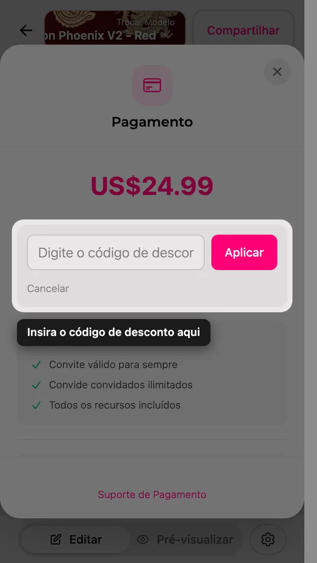 O campo de cupom de desconto na tela de pagamento