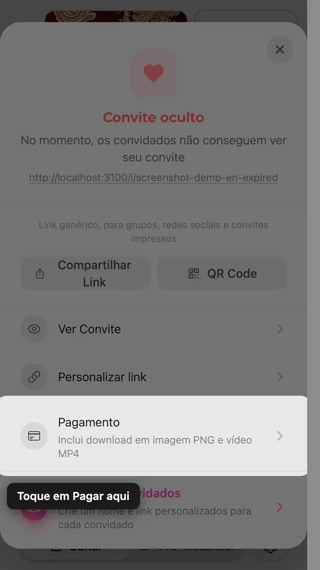 A opção de pagamento no painel Compartilhar