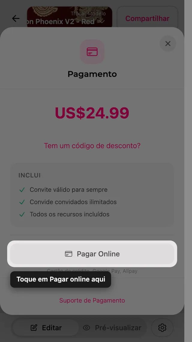 O botão de pagar online na tela de pagamento