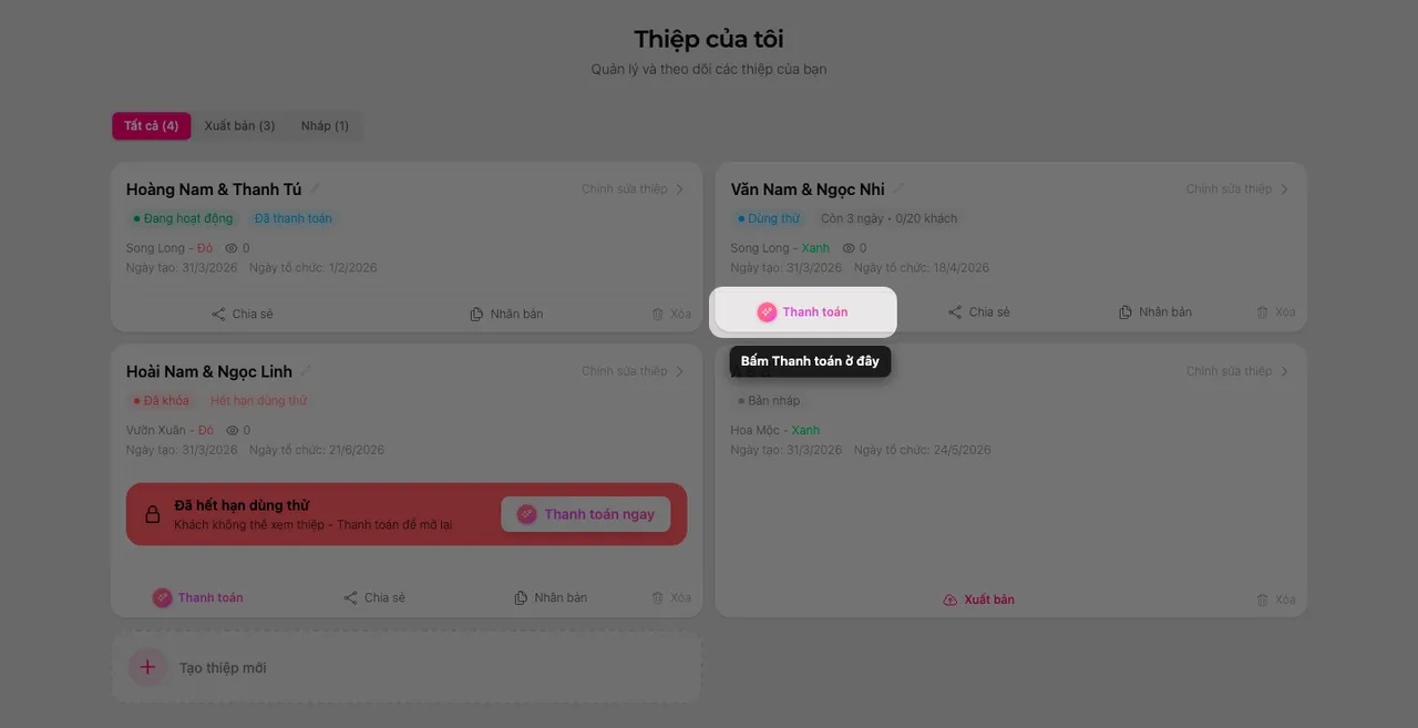 Nút Thanh toán trên thẻ thiệp ở trang Thiệp của tôi