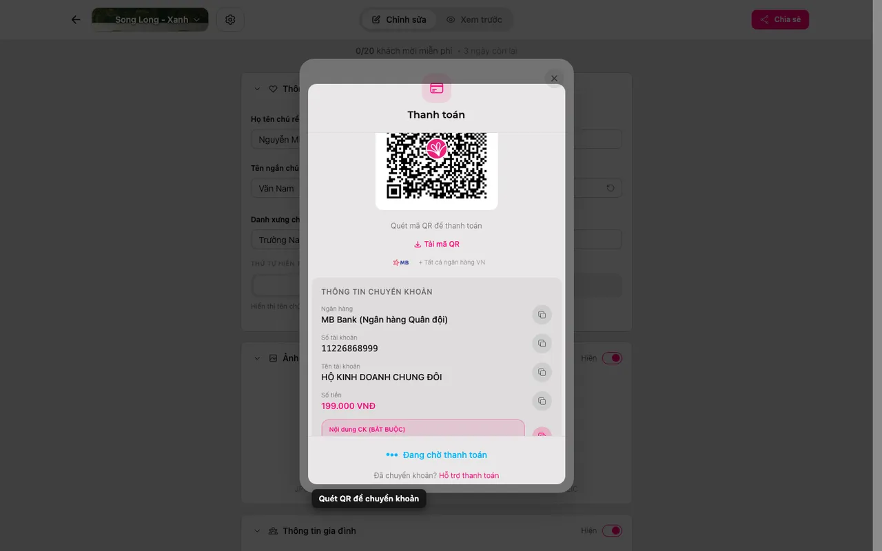 Mã QR chuyển khoản trên màn hình thanh toán